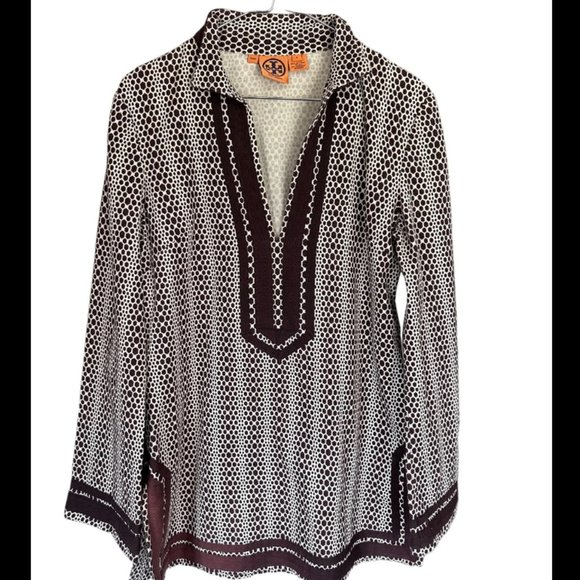 Tory Burch Brown White Honeycomb V Neck Size 6 - Picture 1 of 5